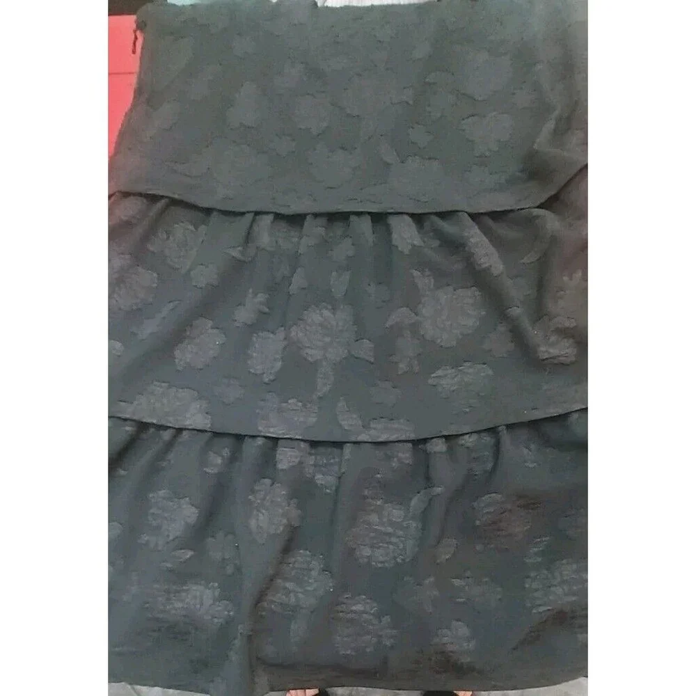 ! Tiered Midi Ruffle Jacquard Print Dress Large Black 3/4 Sleeves - Picture 7 of 11